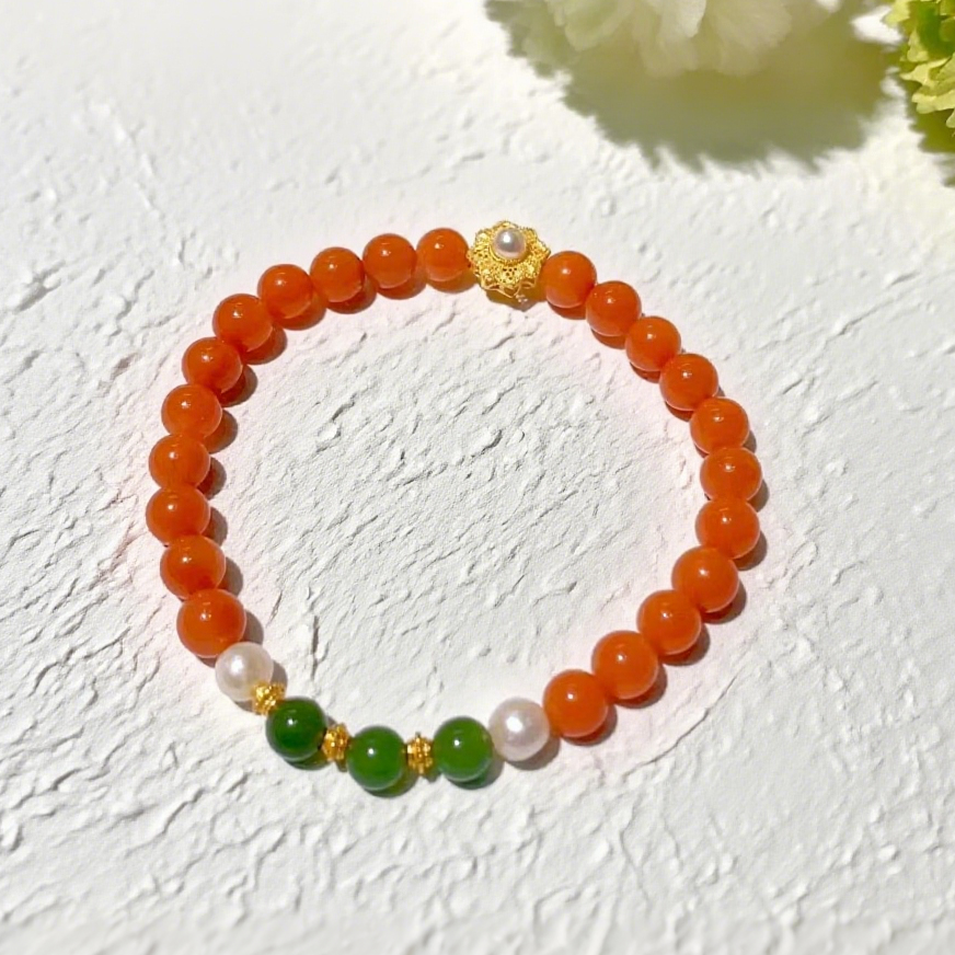 D92 Bead Bracelet: Red Agate, Jasper & Pearl: The Creation of All Life